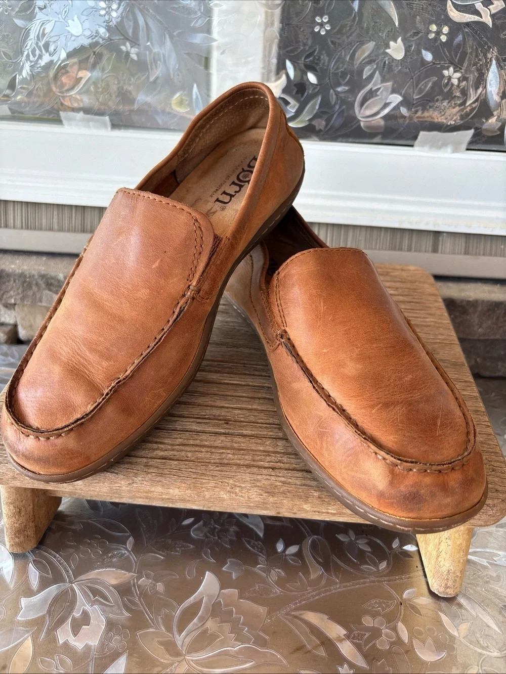 Born Men's 9 Distressed Leather Slip-On Loafers in Cognac Brown